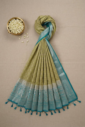 Elegant Olive Green And Teal Soft Cotton Silk Saree With Zari Border