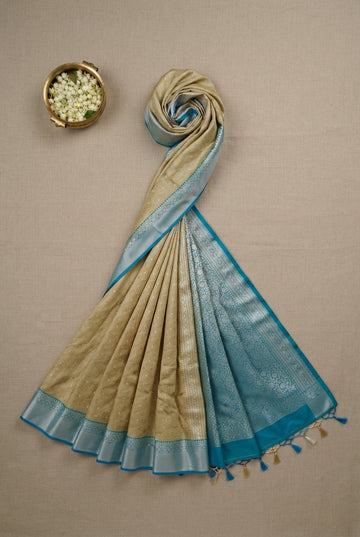 Beige And Turquoise Blue Banarasi Silk Saree With Zari Brocade