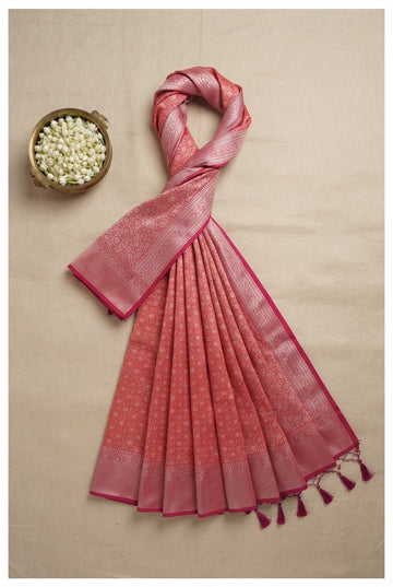 Elegant Coral Pink Banarasi Silk Saree With Silver Zari Jaal Work