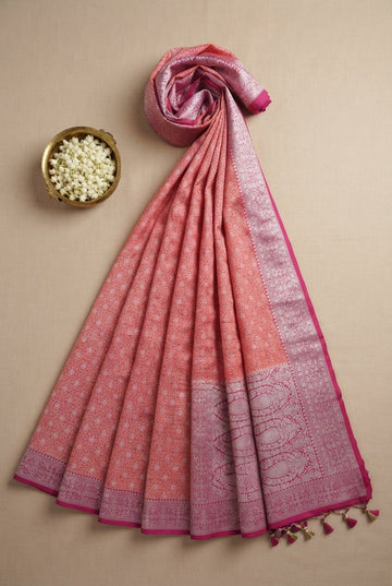Elegant Coral Peach And Magenta Banarasi Silk Saree With Silver Zari Weaving