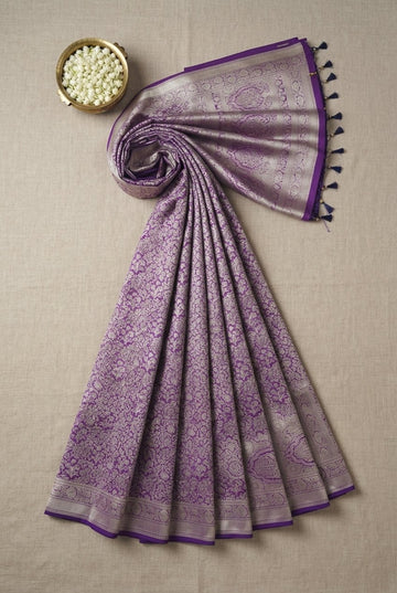 Royal Purple Banarasi Silk Saree With Elegant Silver Zari Jaal Work