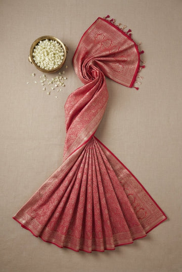 Coral Red Banarasi Silk Saree With Intricate Gold Zari Jaal