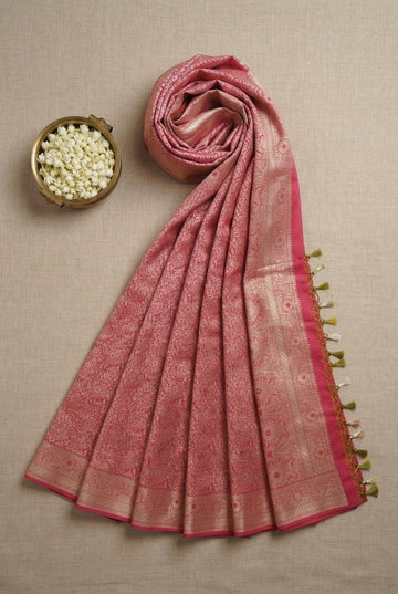Rose Pink Banarasi Silk Saree With Elegant Zari Jaal And Tassel Detail