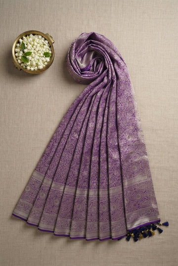 Royal Purple Banarasi Katan Silk Saree With Intricate Silver Zari Jaal
