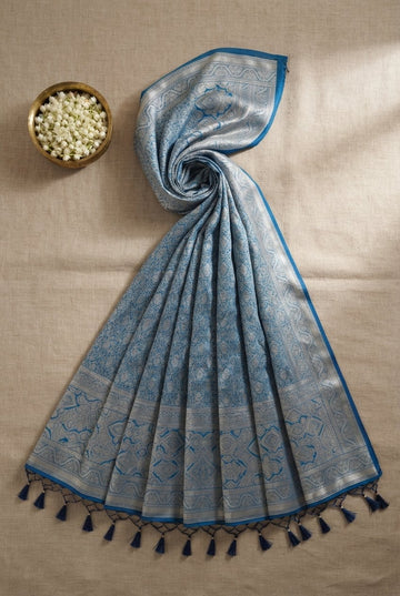 Cerulean Blue Banarasi Silk Saree With Elegant Silver Zari Jaal Work