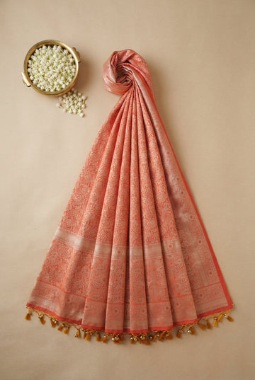 Elegant Coral Peach Banarasi Silk Saree With Intricate Metallic Zari