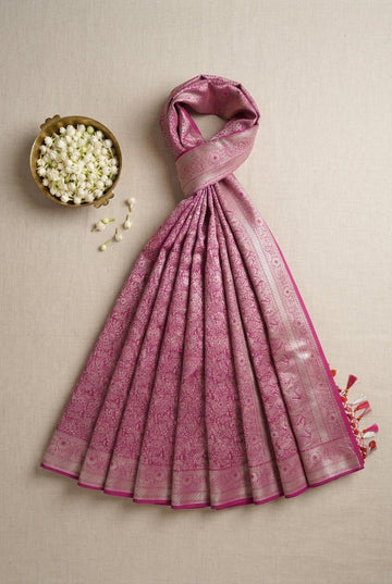 Elegant Orchid Pink Banarasi Silk Saree With Intricate Silver Zari Jaal