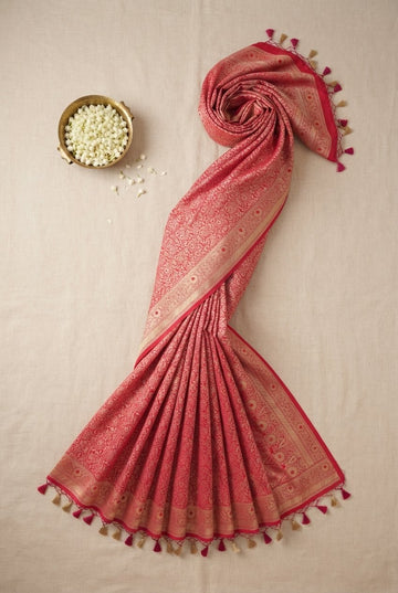Crimson Pink Banarasi Silk Saree With Intricate Gold Zari Jaal And Tassels