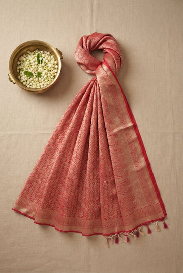 Crimson Red Handwoven Banarasi Katan Silk Saree With Antique Gold Zari Brocade