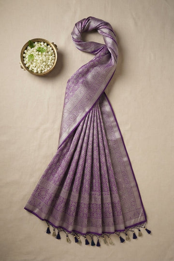 Royal Purple Banarasi Silk Saree With Intricate Silver Zari Weave