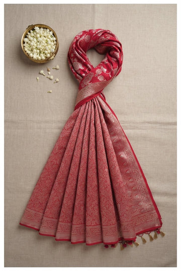 Royal Crimson Red Banarasi Silk Saree With Intricate Silver Zari Floral Jaal