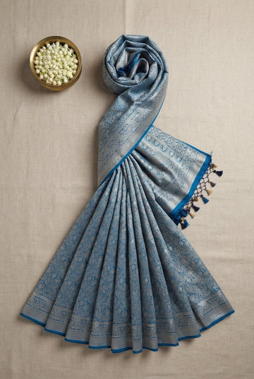 Steel Blue Handwoven Banarasi Silk Saree With Silver Zari Jaal