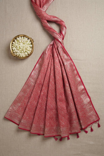 Elegant Crimson Red Banarasi Silk Saree With Intricate Silver Zari Jaal