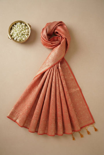Coral Peach Banarasi Silk Saree With Intricate Gold Zari Brocade