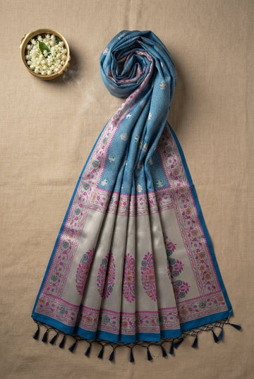 Royal Sky Blue And Silver Tussar Silk Saree With Elegant Floral Motifs