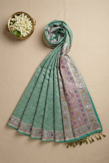 Elegant Mint Green Banarasi Silk Saree With Meenakari Zari Border
