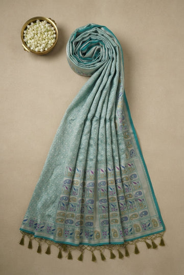 Elegant Sea Green Banarasi Soft Silk Saree With Paisley Grid Pallu