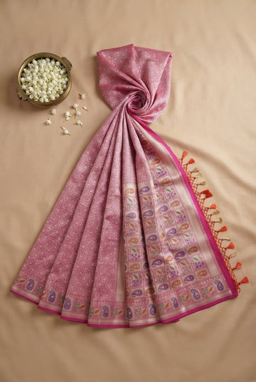 Onion Pink Banarasi Silk Saree With Multicolored Paisley Brocade And Tassels