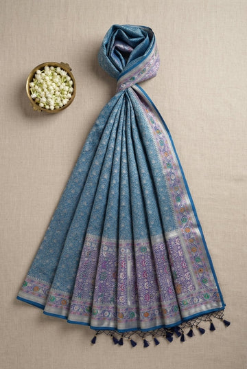 Steel Blue Handwoven Banarasi Georgette Silk Saree With Meenakari Border
