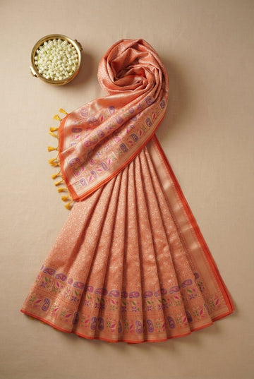 Elegant Peach Banarasi Silk Saree With Meenakari Paisley Border