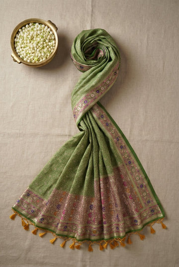 Sage Green Handwoven Banarasi Georgette Silk Saree With Meenakari Border