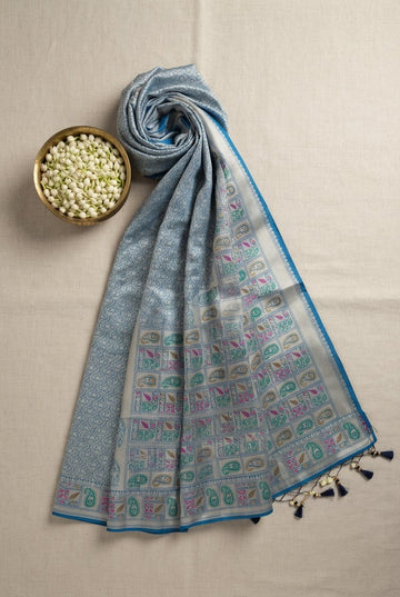 Powder Blue Banarasi Katan Silk Saree With Silver Zari Jaal And Meenakari Pallu