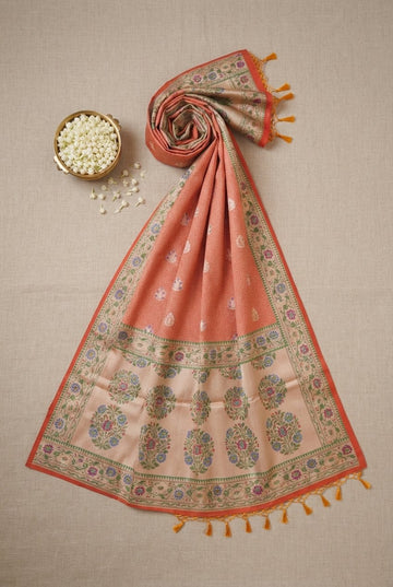 Elegant Peach Coral Banarasi Silk Saree With Meenakari Floral Pallu