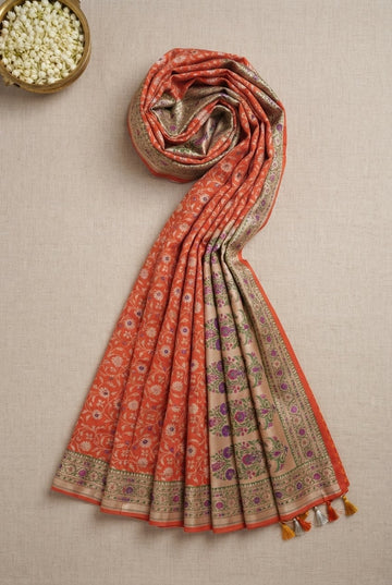 Rust Orange Banarasi Silk Saree With Meenakari Floral Borders