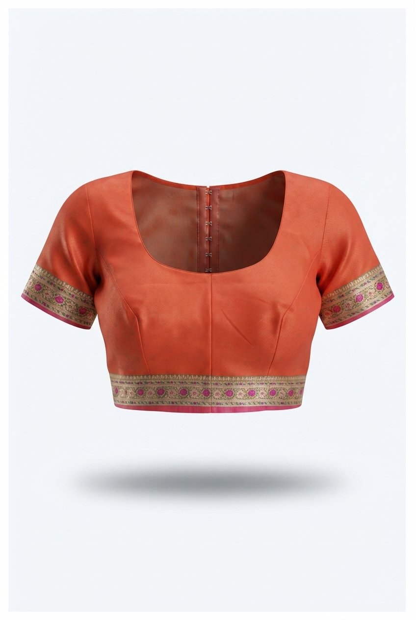 Rust Orange Banarasi Silk Saree With Meenakari Floral Borders