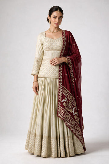 Ivory & Maroon Embroidered Chaniya Choli