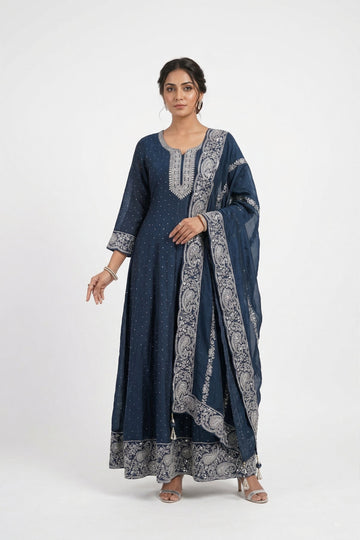 Midnight Blue Embroidered Anarkali Kurta Set With Dupatta