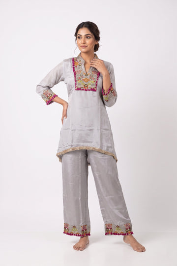 Silver Grey Embroidered Party Wear Co-Ord Set
