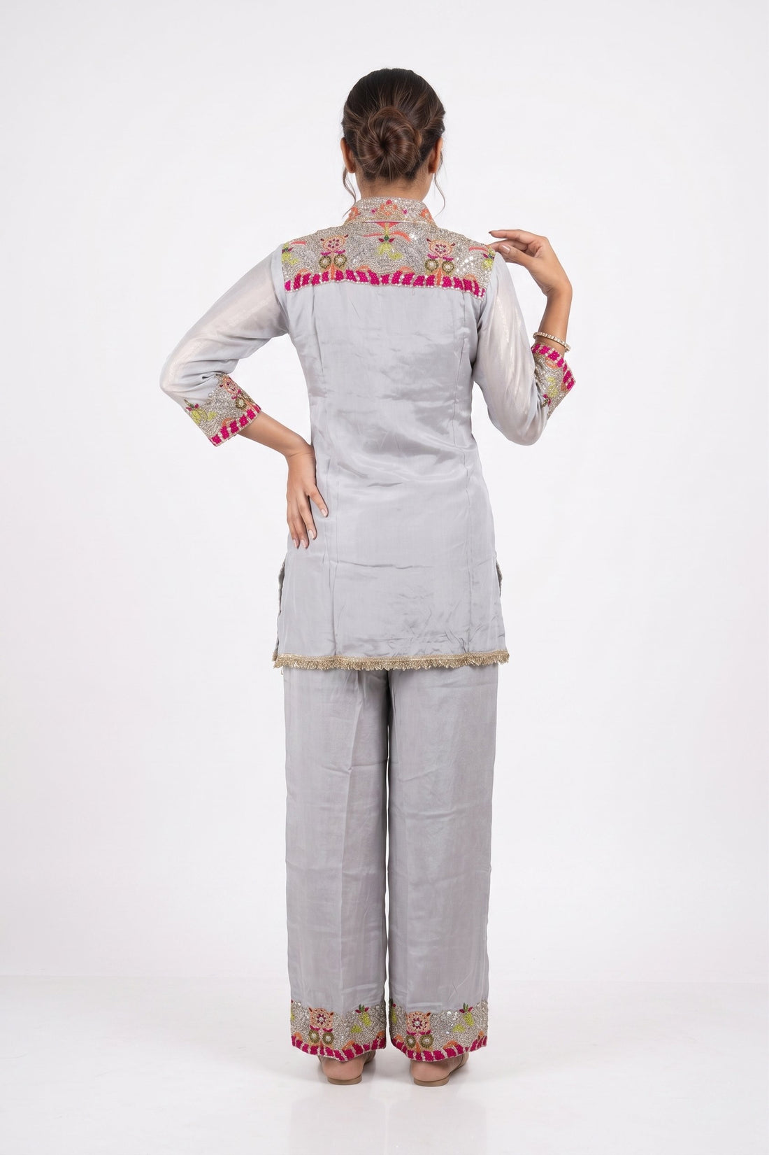 Silver Grey Embroidered Party Wear Co-Ord Set