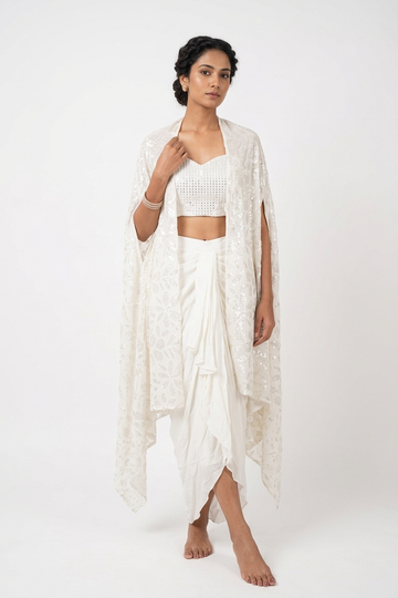 Elegant Ivory Indo-Western Drape Skirt Set With Embroidered Cape