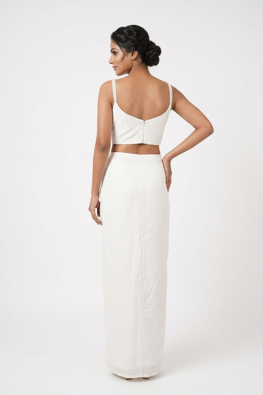Elegant Ivory Indo-Western Drape Skirt Set With Embroidered Cape