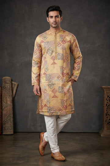 Golden Beige Patch Print Festive Men’S Kurta