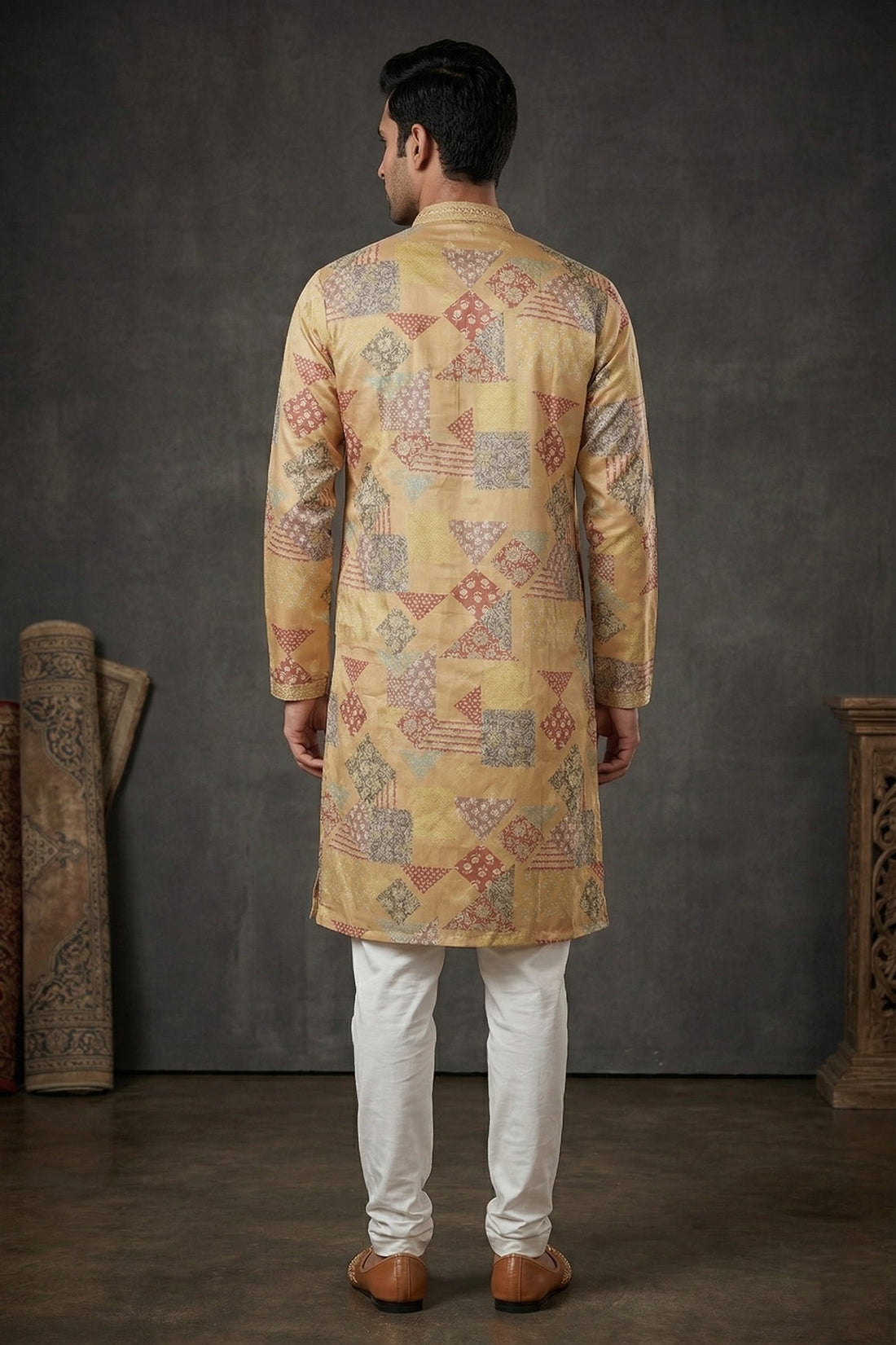 Golden Beige Patch Print Festive Men’S Kurta