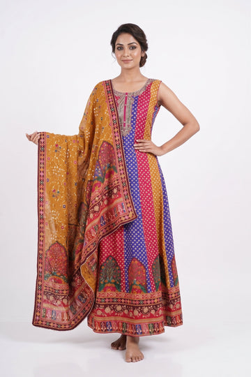 Royal Multicolor Bandhani Printed Anarkali Gown With Designer Dupatta