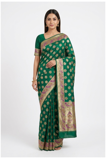 Bottle Green Banarasi Silk Saree With Hand Work Weaving