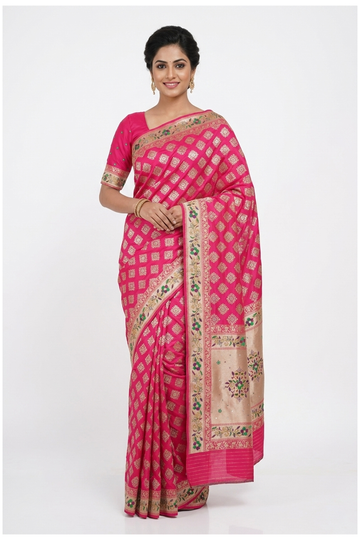 Rani Pink Banarasi Silk Saree With Hand Work Weaving