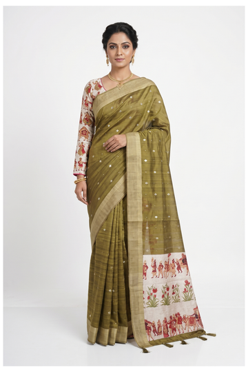 Olive Green Cotton Wedding & Party Wear Saree