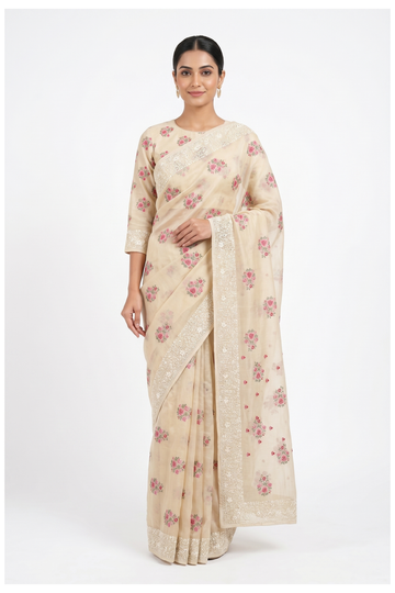Cream Banarasi Art Silk Wedding Saree
