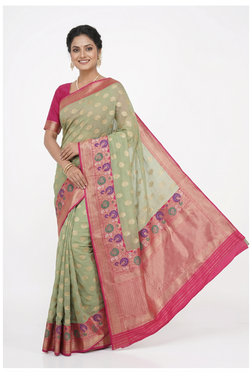 Sage Green Pure Banarasi Silk Saree With Weaving