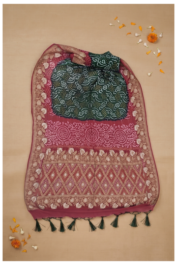 Bottle Green & Maroon Bandhni Gajji Silk Wedding Saree