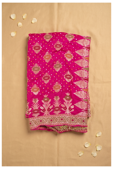 Vibrant Pink Banarasi Bandhani Silk Saree With Ornate Zari Border And Floral Butas