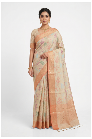 Pale Cream Cotton Wedding & Party Wear Saree
