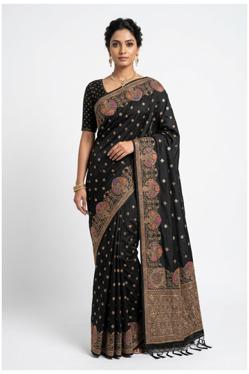 Black Banarasi Silk Saree with Hand work Weaving
