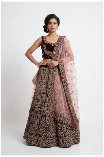 Wine Embroidered Bridal Lehenga Choli With Blush Pink Net Dupatta