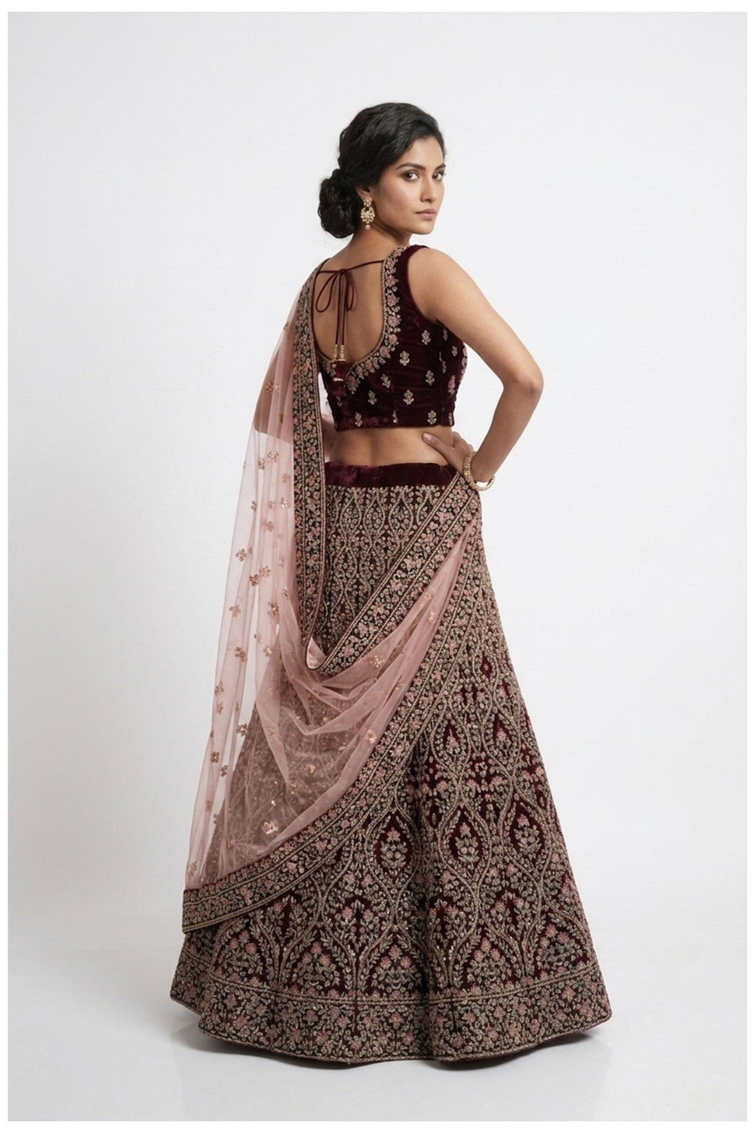 Wine Embroidered Bridal Lehenga Choli With Blush Pink Net Dupatta