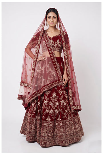 Maroon Velvet Bridal Lehenga Choli With Embroidered Net Dupatta